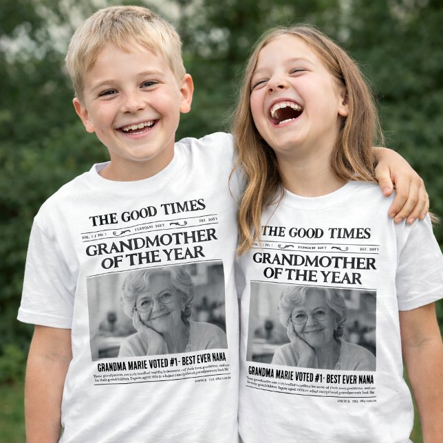 Camisa de Jornal Personalizado, Avó do Ano (Custom Newspaper Kids Shirt, Grandmother of the Year T-Shirt)