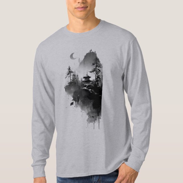 Camisa de Manga Longa Paisagem de Pagode Zen com T (Frente)