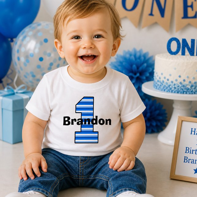 Camisa de Menino de Primeiro Aniversário com Listr (Blue Striped First Birthday Boy Shirt)