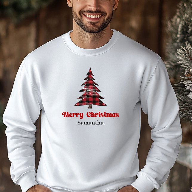 Camisa de Natal com Xadrez Personalizado e Árvore  (Charming Custom Name Plaid Tree Christmas Sweatshirt)