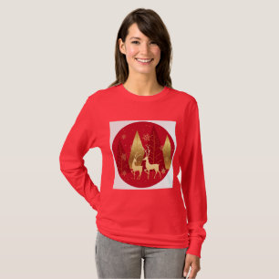 Camisa de Natal Elegante Rena Dourada Manga Longa 