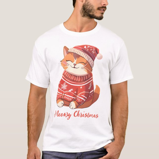 Camisa de Natal meada, de homem, com gato festivo (Frente)