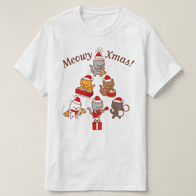 Camisa de Natal meowy: Banda de Gatos Carolers (Frente do Design)