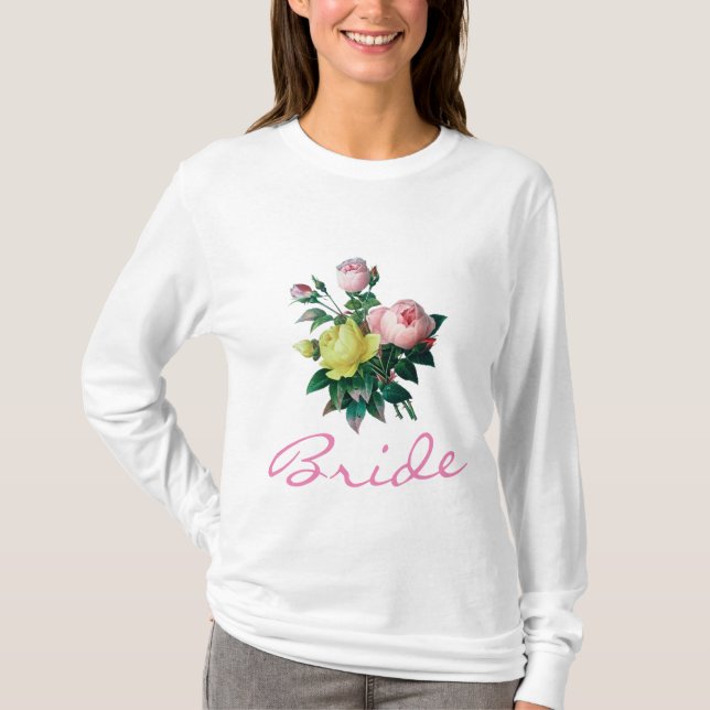 camisa de noiva de flores rosa e amarela. (Frente)