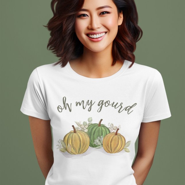 Camisa de Outono de Abóbora Fofa Oh Minha Cabaça (Women’s autumn t-shirt with “oh my gourd” pumpkin design)