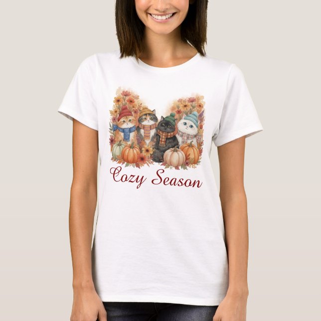 Camisa de outono de Cozy Cats & Pumpkins T-Shirt (Frente)