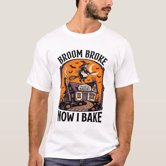 Camisa de Padeiro de Halloween Bruxa Vassoira Queb (Frente)
