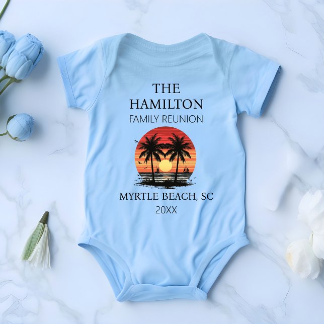 Camisa de praia de Reunião Familiar (Baby one-piece Beach Family Reunion  Custom date and location T-shirt with family names on back )