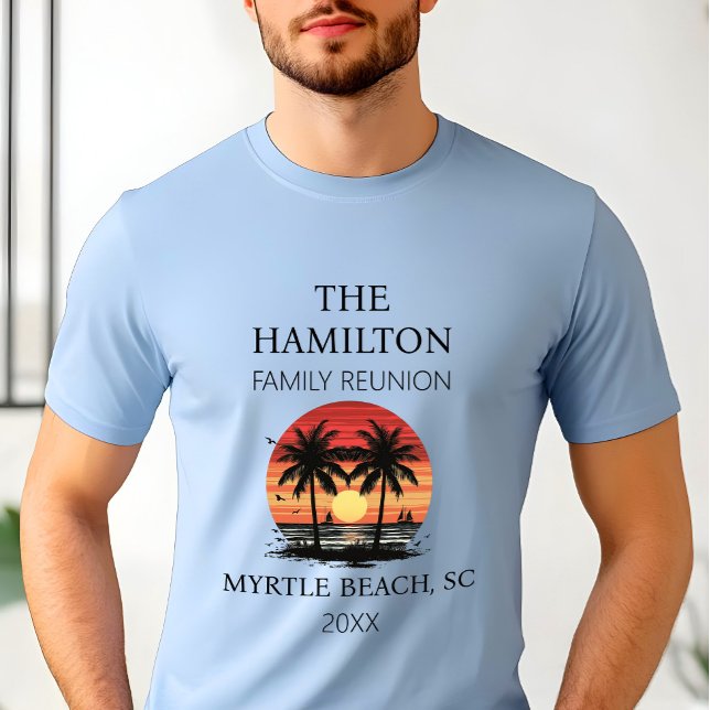 Camisa de praia de Reunião Familiar (Men's Beach Family Reunion  Custom date and location T-shirt with family names on back)