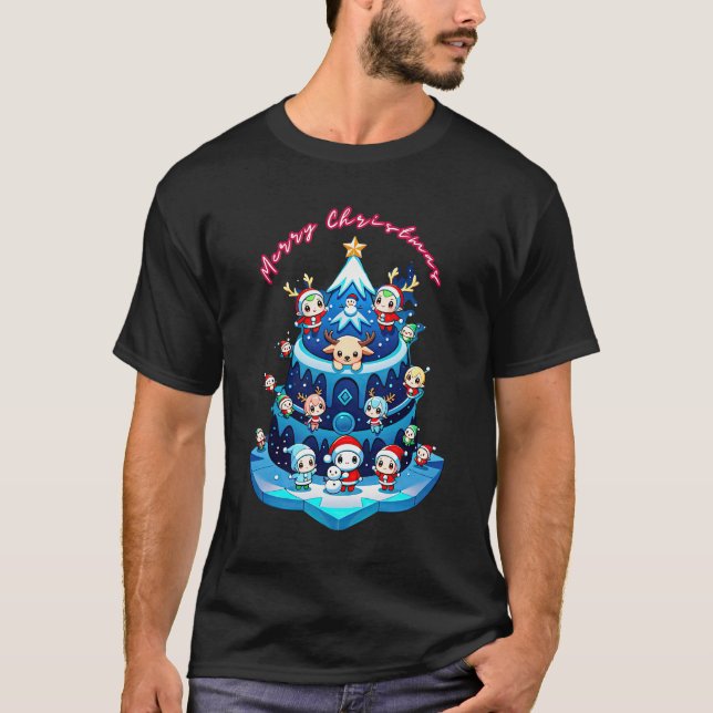 Camisa de T Feliz Natal Kawaii: Festivo Adorável F (Frente)