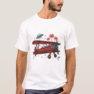 Camisa de Viagem Tropical OVNI Biplano Vintage Des