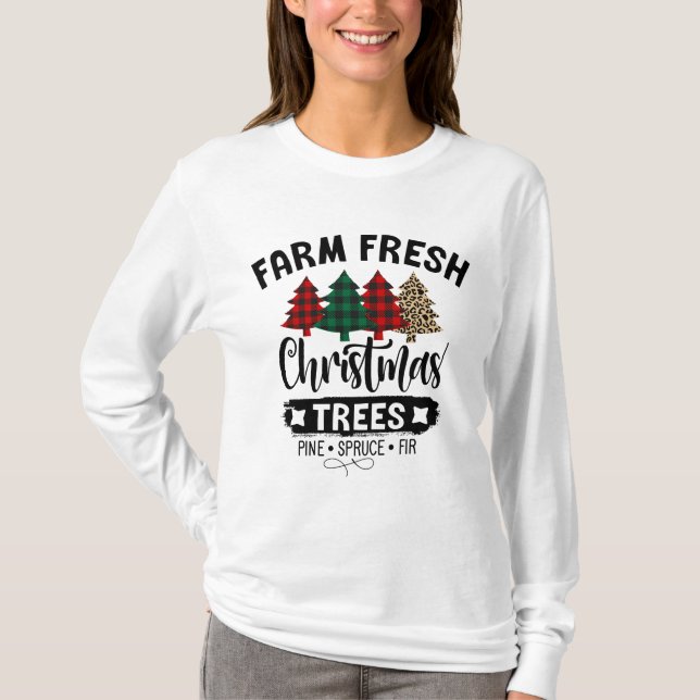 Camisa de xadrez da árvore de natal fresca fazenda (Frente)