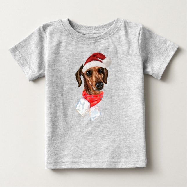 Camisa do Cão Dachshund Com Chapéu de Natal do Pap (Frente)