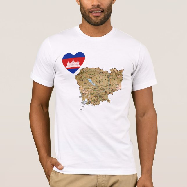 Camisa do Coração e Mapa da Bandeira do Camboja (Frente)