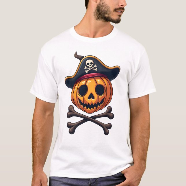 Camisa do Crânio do Pirata da Abóbora � Halloween (Frente)