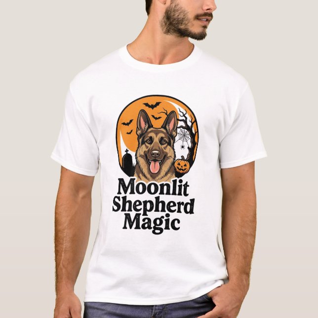 Camisa do Dia das Bruxas Pastor Alemão Lua Assusta (Frente)