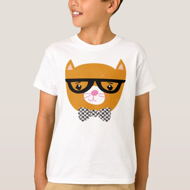 Camisa do gato do hipster com vidros e laço (Frente)