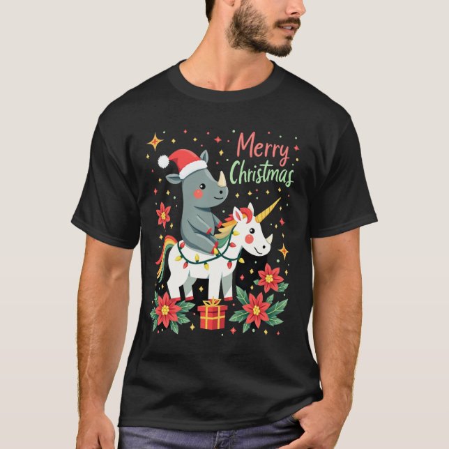 Camisa do Rinoceronte de Natal Feliz Natal Unicórn (Frente)
