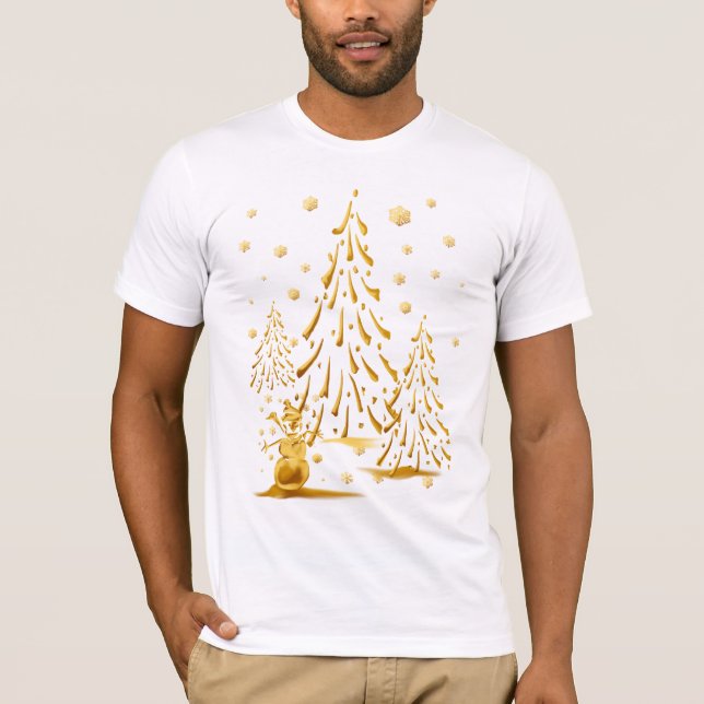 Camisa Dourado da árvore do boneco de neve e de (Frente)