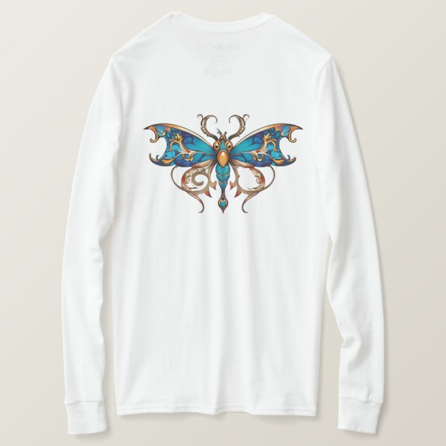 Camisa Elegante Azul Dourado com Borboleta de Fili (Verso do Design)