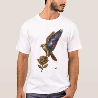Camisa Elegante Pássaro Dourado e Rosa Arte