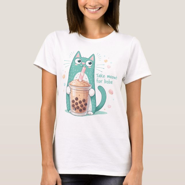 Camisa engraçada de gato bebendo Boba, Gato Kawaii (Frente)