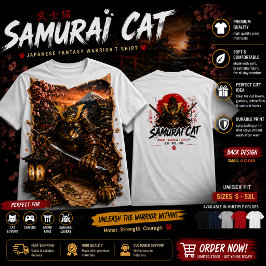 Camisa Épico Samurai Gato Guerreiro Fantasia Japon