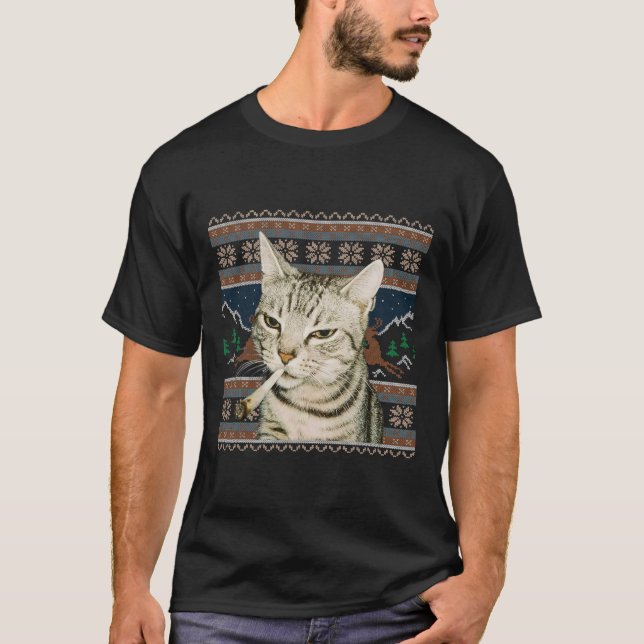 Camisa Feia de Natal do Gato Engraçado Fumando Mem (Frente)