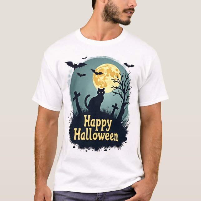 Camisa Feliz Halloween com Gato no Cemitério - Gru (Frente)