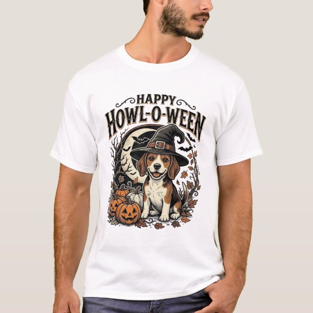 Camisa Feliz Howl-O-Ween Beagle Bruxa Chapéu Dia d (Frente)