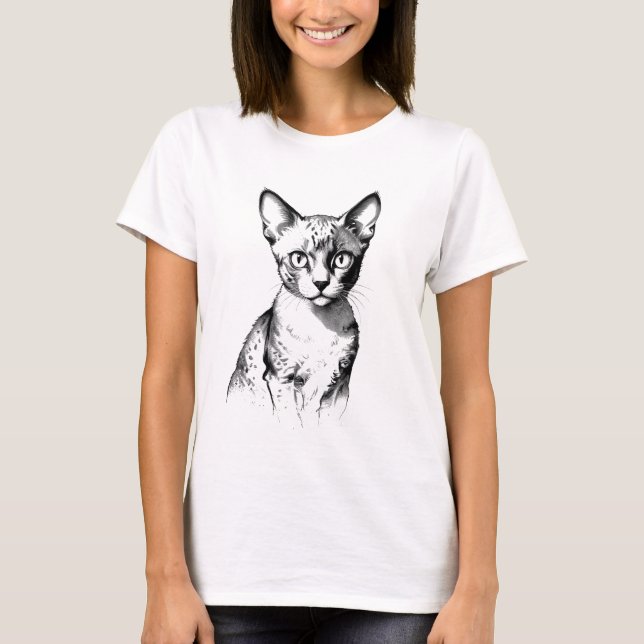 Camisa Feminina Esboço de Gato Devon Rex (Frente)