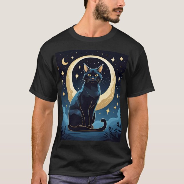 Camisa Gato Celestial - Lua Mística e Estrelas Sob (Frente)