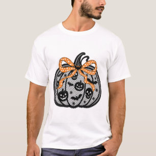 Camisa Halloween Fofa com Laço de Abóbora em Renda