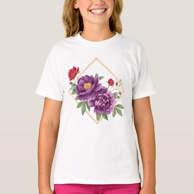 Camisa Infantil Moldura Dourada - Flores Roxas e V (Frente)