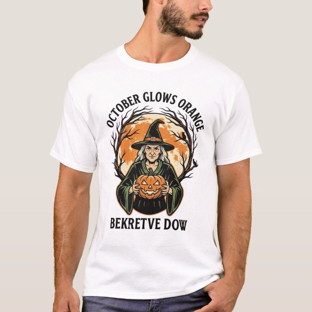 Camisa Laranja Outubro Vintage Witch Pumpkin Aware (Frente)