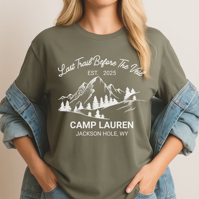 Camisa Last Trail Before the Veil, Acampamento Per (camping bride shirt, hiking bachelorette party shirt, bachelorette adventure shirt, )