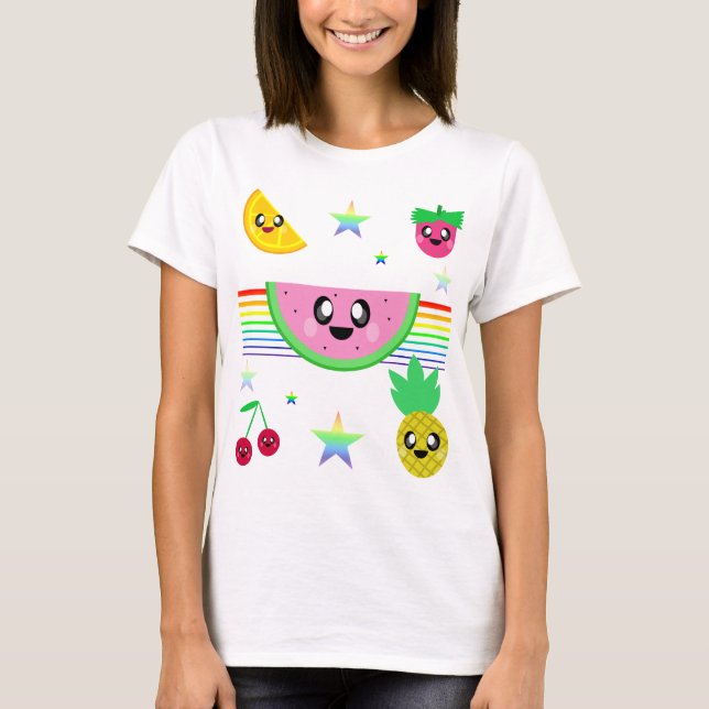CAMISA LISTRAS ARCO-ÍRIS FRUTAS KAWAII (Frente)