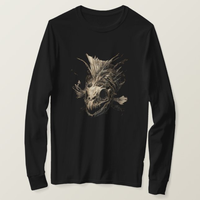 Camisa Manga Longa Escura Grunge Crânio de Peixe P (Frente do Design)