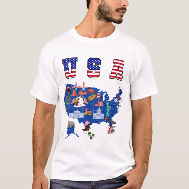 Camisa mapa dos EUA Símbolos americanos Mapa dos E (Frente)