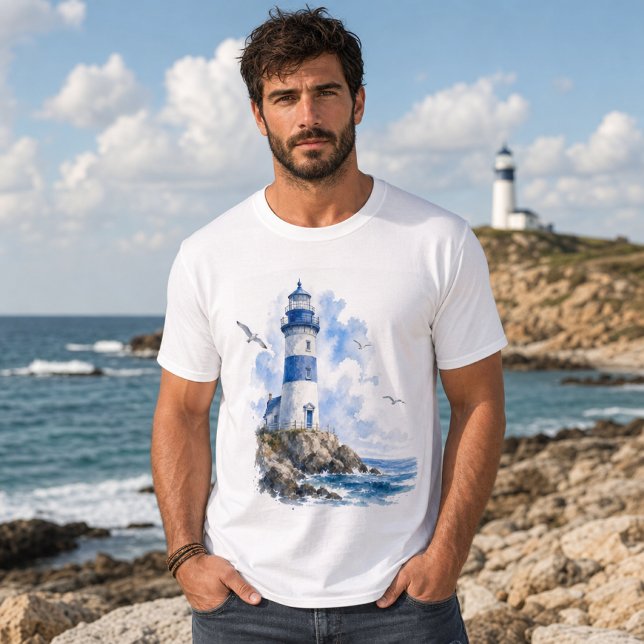 Camisa masculina Lighthouse Coastal Azul e Branco  (Criador carregado)