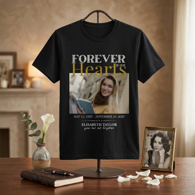 Camisa Memorial de Foto de Funeral Personalizada e (Personalized Black Gold Funeral Photo Memorial T-Shirt)