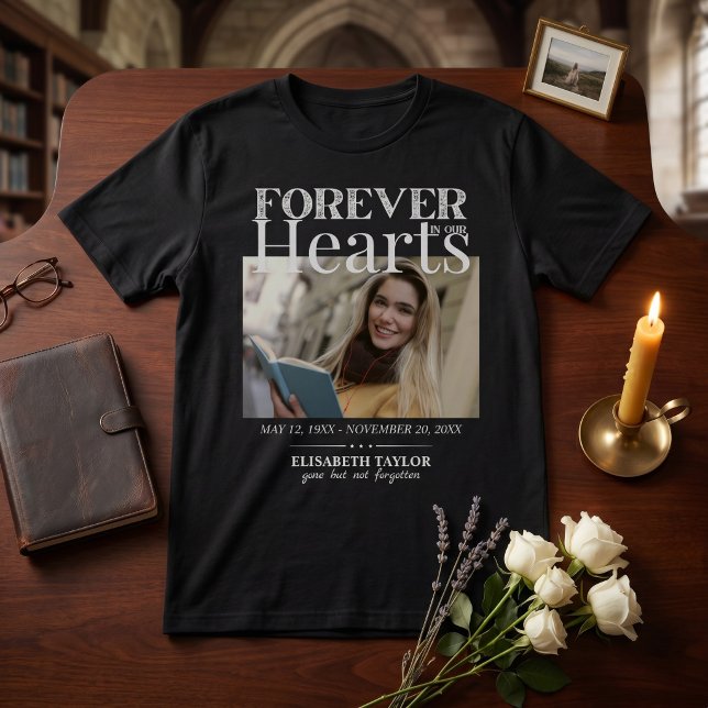Camisa Memorial Personalizada Preto e Dourado Fune (Personalized Black Gold Funeral Photo Memorial T-Shirt)