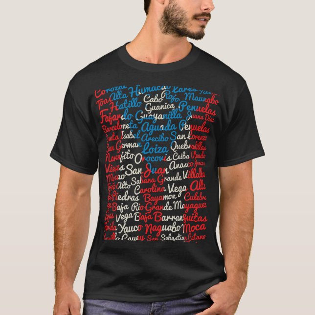 Camisa negra con los pueblos de PR  (Frente)