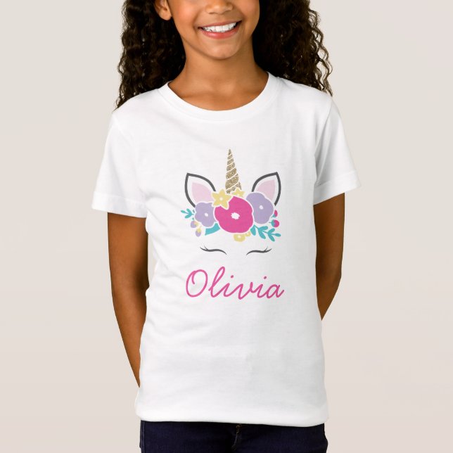 Camisa personalizada com unicórnio e flores brilha (Frente)