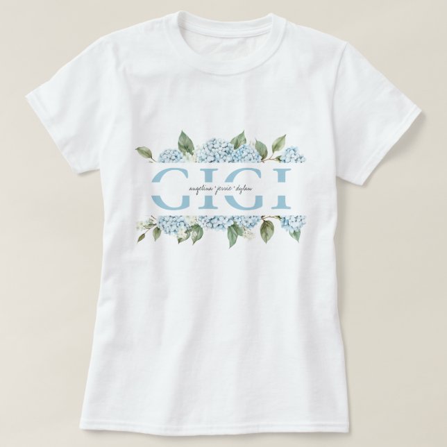 Camisa Presente Avó Nomes dos Netos Hydrangeas Azu (Frente do Design)