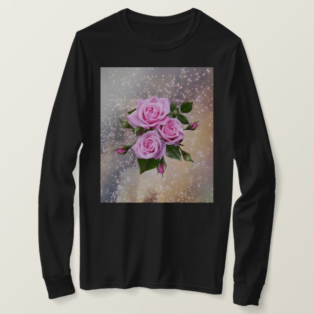 Camisa preta com mangas compridas e rosas (Frente do Design)