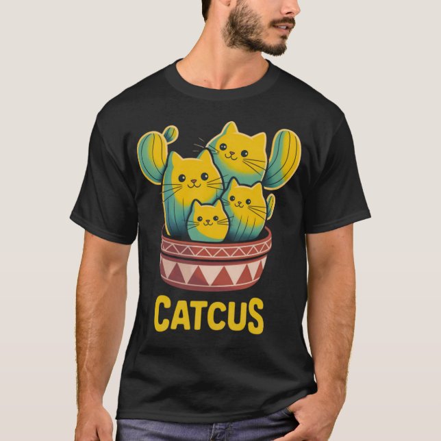 Camisa Preta de Cacto Engraçado de Gato - Pun Cati (Frente)