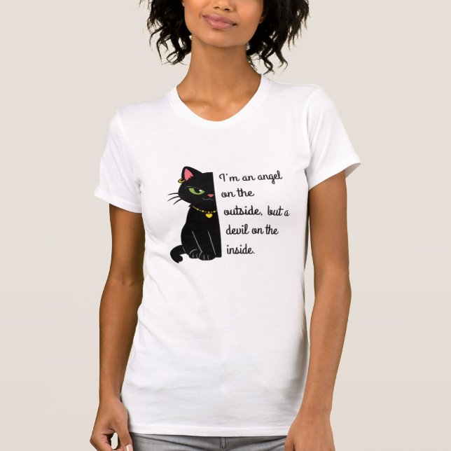 camisa preta de gato branca para mulheres (Frente)