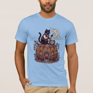 Camisa Preta Elegante Casa Abóbora Gato Tee Gótico