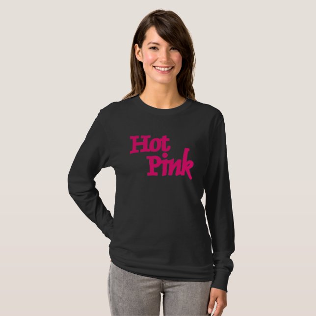Camisa preta feminina manga longa rosa quente (Frente Completa)